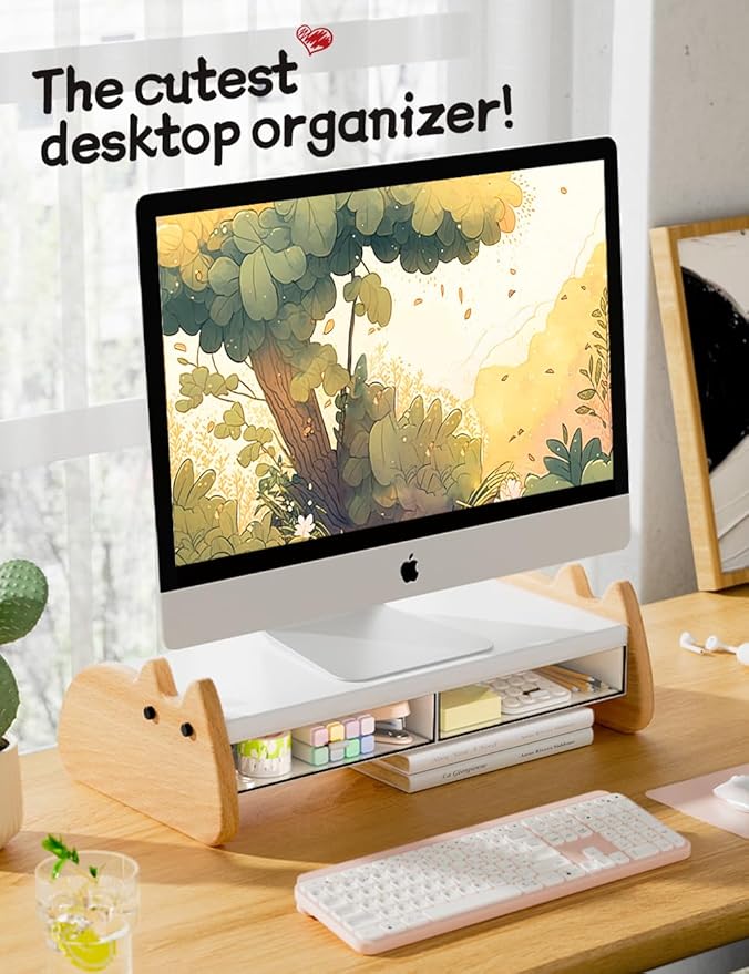 Monitor Stand Riser,Wooden & MDF Computer Desktop Stand with Acrylic Drawer,Laptop Stand Riser Holder ,Table Holder Desk Organizer Storage Stand for Laptop,Printer,TV,15.7 inch,Cute Cat