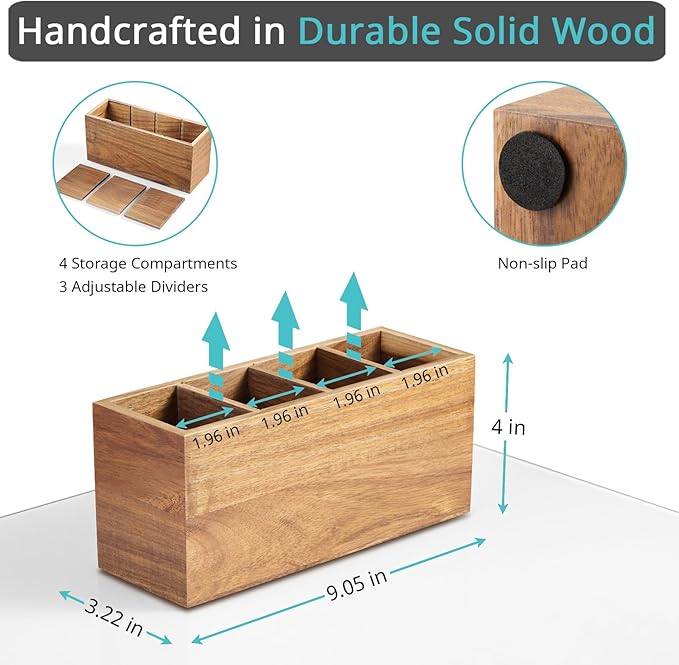 Bivvclaz Pencil Pen Holder for Desk, Acacia Wood Office Desk Organizers and Accessories with 4 Slots for Countertop, Makeup Brush Holder Organizer for Bathroom Vanity, Silverware Caddy for Party
