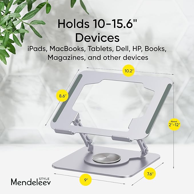 Silver Laptop Stand for Desk with 360 Rotating Base Compatible with MacBook Pro/Air Notebook up to 16 Inches Computer Stand for Laptop Ergonimic Foldable Riser for Desk