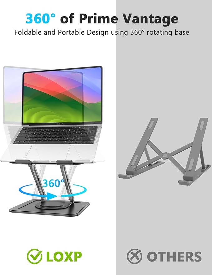 Adjustable Laptop Stand, Computer Stand with 360 Rotating Base, Ergonomic Laptop Riser Mount for Desk Foldable Protable Computer Desk Fits with MacBook Pro Air (10-16") - Black