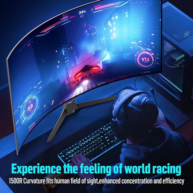 Gawfolk 34 Inch Ultrawide Curved Gaming Monitor, 1500R PC Screen 165hz UWQHD 4K, Curved Computer Screen with FreeSync, Support Wallmount 75x75mm-Black