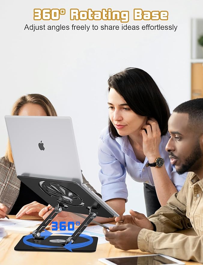 Adjustable Laptop Stand for Desk-360° Rotating Base Aluminum Laptop Riser,Ergonomic Computer Stand for Office Home MacBook Pro/Air Dell HP up to 16'',Black