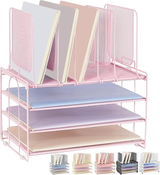 Desk Organizers and Accessories, 3-Tier Paper Organizer with 5 Vertical File Holders, File Organizer for Desk (Pink, 3T)