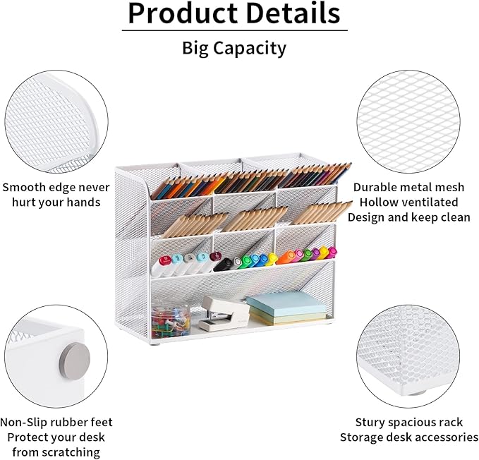 Marbrasse Mesh Desk Organizer, Multi-Functional Pen Holder, Pen Organizer for desk, Desktop Stationary Organizer, Storage Rack for School Home Office Art Supplies (White - Mesh Pen Holder)