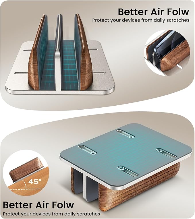 𝟮𝟬𝟮𝟲 𝗨𝗽𝗴𝗿𝗮𝗱𝗲𝗱 Vertical Laptop Stand, [Black Cedar Wood Dual-Slot], Desktop Aluminum Alloy MacBook Stand, Adjustable Base, for MacBook Pro/Air, (up to 17.3-inch gaming laptops), Silver