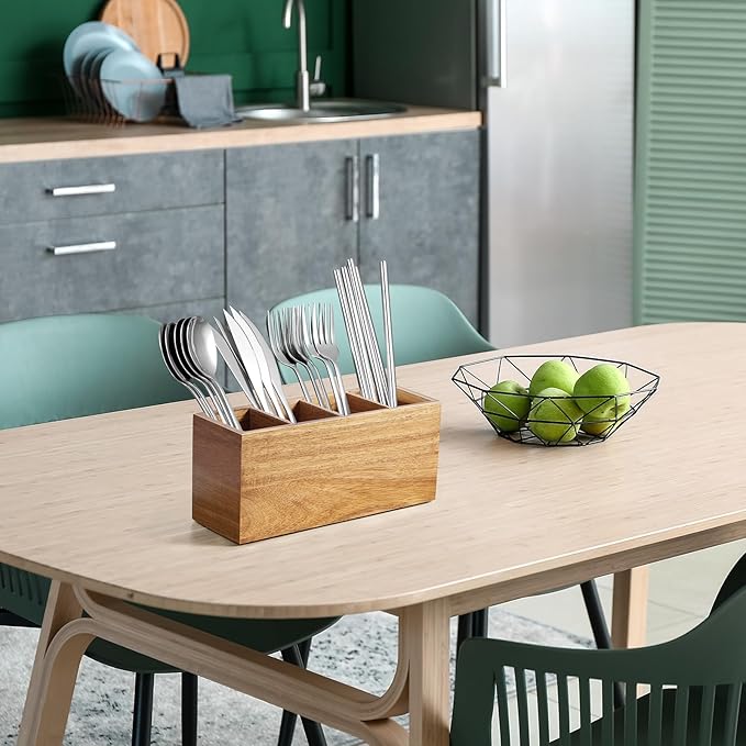 Bivvclaz Pencil Pen Holder for Desk, Acacia Wood Office Desk Organizers and Accessories with 4 Slots for Countertop, Makeup Brush Holder Organizer for Bathroom Vanity, Silverware Caddy for Party