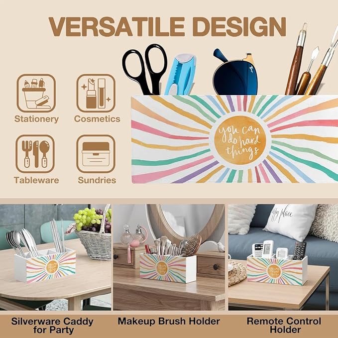 Boho Colorful Sunshine Pen Pencil Holder Organizer for Desk Accessories, Boho Classroom Decor, You Can Do Hand Things Inspirational Wooden Box Signs Decorations for Kids Room Desk Tabletop