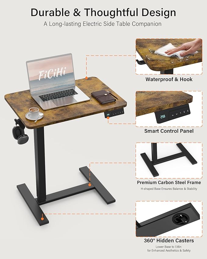 FiCiHi Small Electric Standing Desk - Adjustable Height Bedside Laptop Table with Wheels, Mobile, Portable Rolling Computer Workstation Sit Stand Table for Home Office,Sofa,Couch(28x16,Rustic Brown)