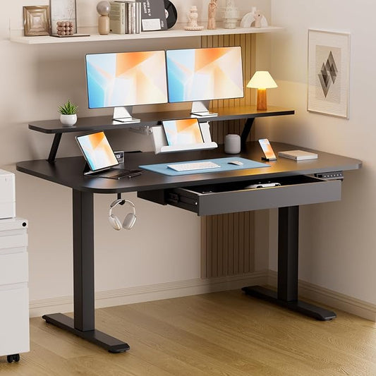 GTRACING Electric Standing Desk with Drawers, 48 x 24 Inches Height Adjustable Computer Desk with Monitor Stand, Laptop Stand, Sit Stand up Desk with Memory Preset for Home, Office, Black