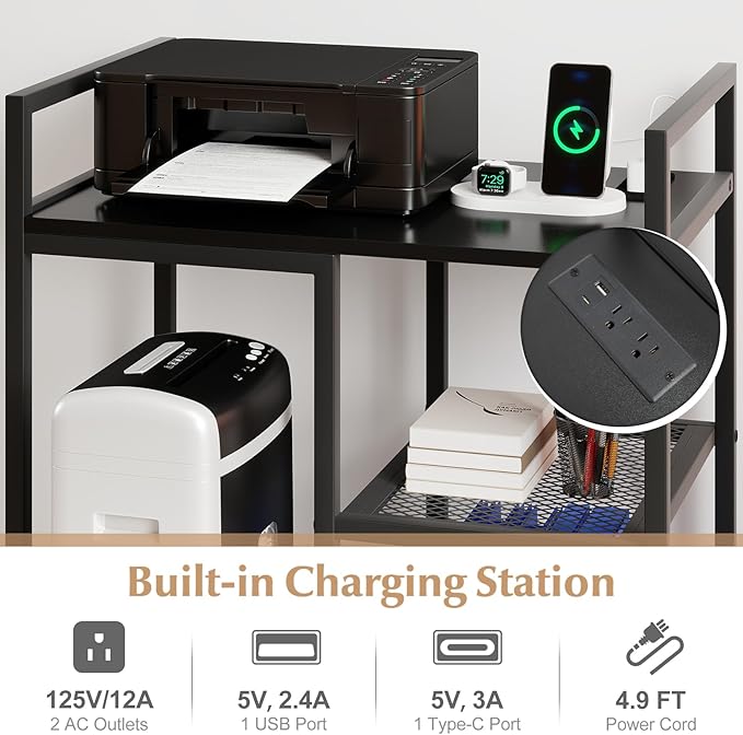 Giantex 3-Tier Printer Stand with Charging Station, 2 Open Storage Shelves, Side PC Stand on Wheels, 25" x 16" Mobile Printer Table for Computer Tower, Printer Shredder, Fax, Under Desk, Home Office