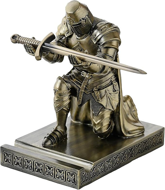Medieval Templar Vanguard Officer Knight Pen Holder Pen Stand Desk Organizers and Accessories Resin Mobile Phone Stand as Gift for Office and Home Desk Organizer (Bronze)