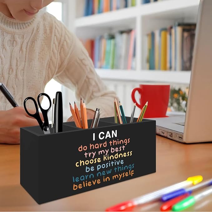 Inspirational Pen Pencil Holder Organizer for Desk Accessories, Boho Classroom Decor, I Can Do Hard Things Motivational Wooden Box Signs Decorations for Counseling Office Desk Tabletop