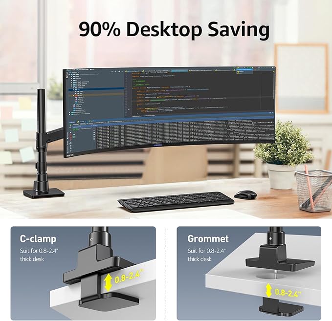 BEWISER Heavy Duty Monitor Arm for 34-57 inches Screens,Weight Capacity Up to 44 lbs,Full Motion Height Swivel Adjustable Ultrawide Monitor Arm (Black)