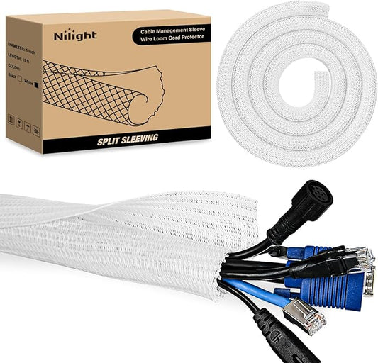 Nilight Cable Sleeve, 10ft-1inch Cord Management Sleeves, Braided Sleeving, Split Self Wrapping Wire Loom for Computer Electrical Automotive Harness Protector Organizer, White