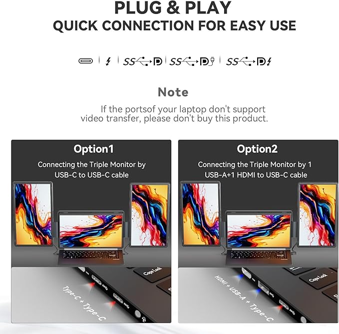 15.6" Laptop Screen Extender, FHD 1080P IPS Screen Extender Portable Monitor for 13.6"-17.3” Laptops, Travel Laptop Screen Extender with USB-C&HDMI, Triple Monitor for Windows, Mac