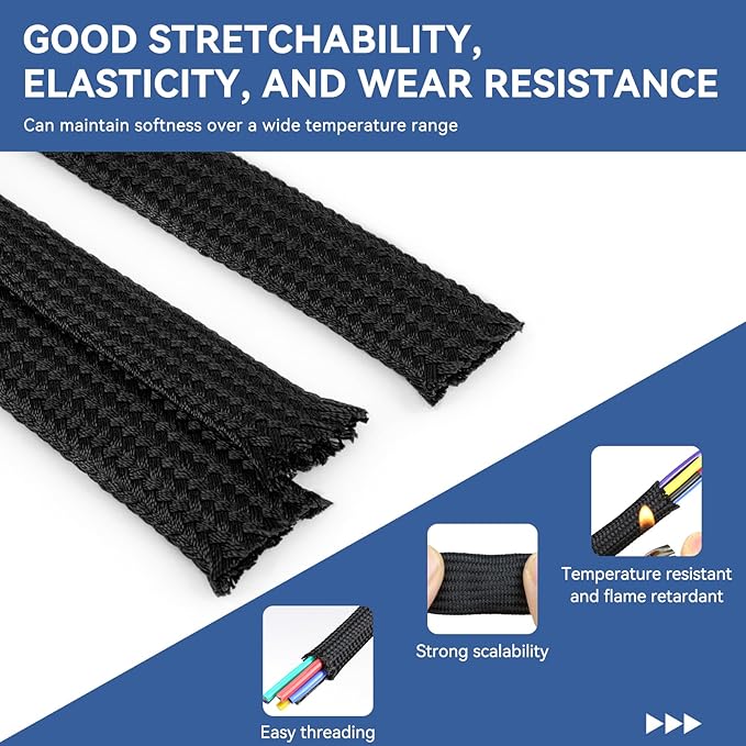 Polyamide Braided Sleeving, 33ft Expandable Wire Loom Abrasion Resistant Split Cable Sleeve for Automotive Harness, Computer Case & Cable Management (Black, 50mm（2"）)