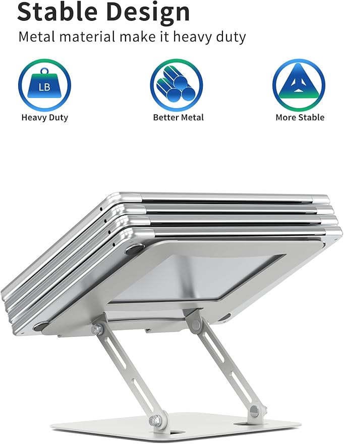 SOUNDANCE Laptop Stand for Desk with Stable Heavy Base, Adjustable Height Multi-Angle, Ergonomic Metal Riser Holder, Foldable Mount Elevator, Compatible with 10 to 15.6 Inches PC Computer, Silver