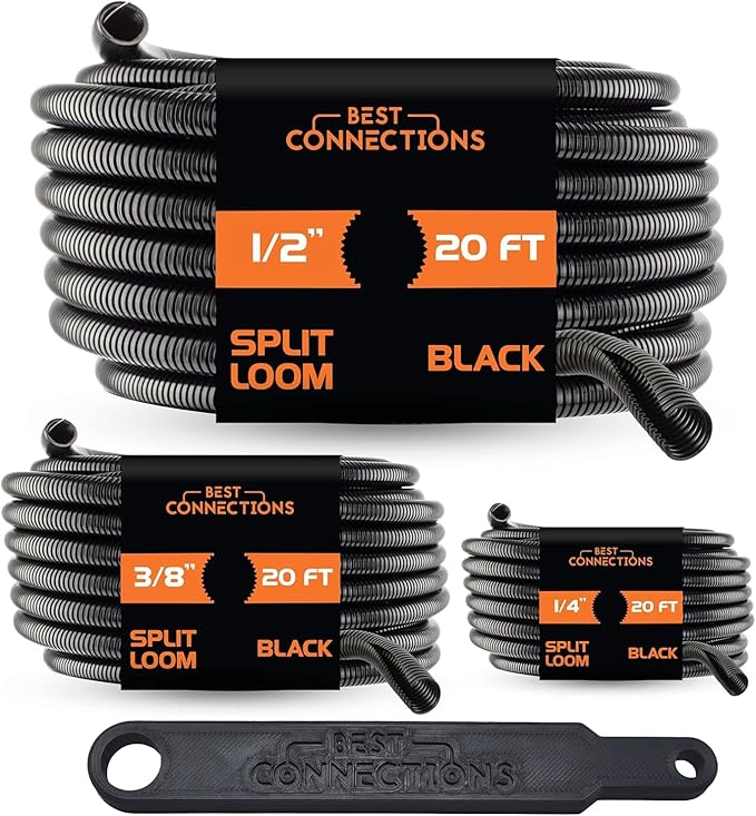 BEST CONNECTIONS 3-Pack 1/4", 3/8", 1/2" x 20 ft Each Assorted Split Wire Loom Convoluted Tubing with Installation Tool – Protective Split Cable Sleeves/Conduit for Automotive Home Electrical – Black