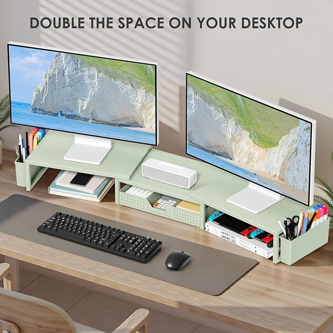 OPNICE Desk Organizers and Accessories, Dual Monitor Stand Riser with Drawer and 2 Pen Holders, Desk Shelf Metal Computer Monitor Stand for Office Workspace Organizers, Desktop Organization (Green)