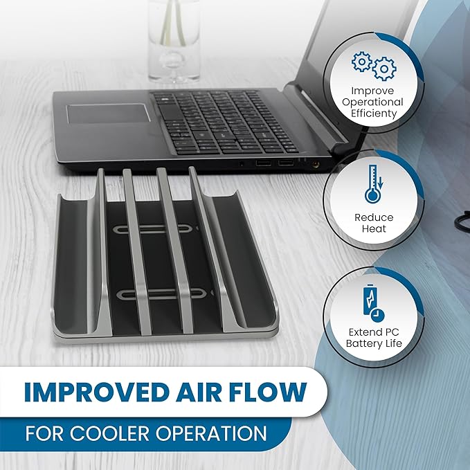 Elestoria 5- Slot Vertical Laptop Stand - Aluminum Laptop Stand Vertical for Desk - Fits MacBook Pro/Air, Surface, Mobiles & Gaming Laptops up to 17.3" - Heavy Duty Laptop Holder for Desk - (Black)