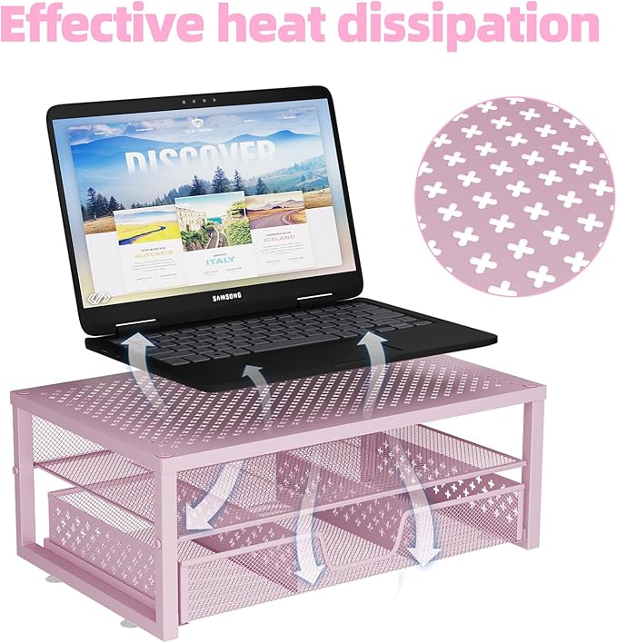 Simple Trending Metal Monitor Stand Riser and Computer Desk Organizer with Drawer for Laptop, Computer, iMac, Pink