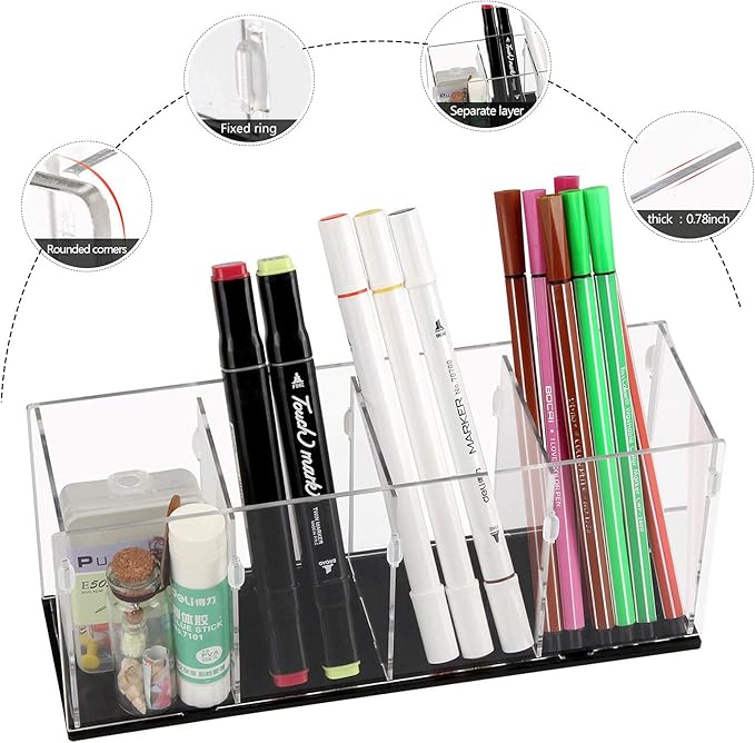 Acrylic Clear Pencil Holder Pen Holder 4 Compartments,Brush Holder Countertop Desk Organizers and Storage for Pen,Pencil,Desk Accessories,Makeup Brush,Stationary and Art Supplies(Assembly Required)