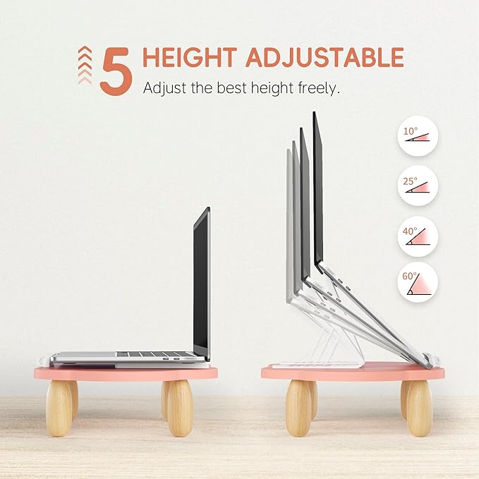 Adjustable Wood Laptop Stand, Ergonomic Height Angles Computer Stand, Cloud-Shaped Holder Riser Notebook Stand for Desk Compatible with Air, Pro, Dell, HP, Lenovo More 10-17.3" Laptops, Pink