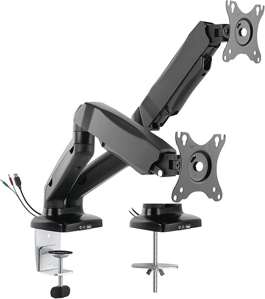 Rocelco Premium Double Monitor Desk Mount with USB 2.0 and Audio Port - Fits Dual 13" - 27" LED LCD Flat Screens - Pneumatic Full Motion Assist Adjustable Arm - Grommet and C Clamp - Black (R MA2)