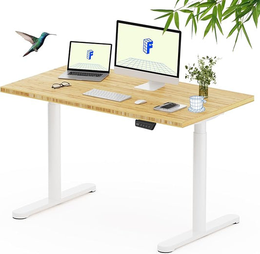FLEXISPOT Bamboo Electric Standing Desk with Elegant Oval Legs, 48"x24" Height Adjustable Desk for Home Office & Living Spaces, White Frame