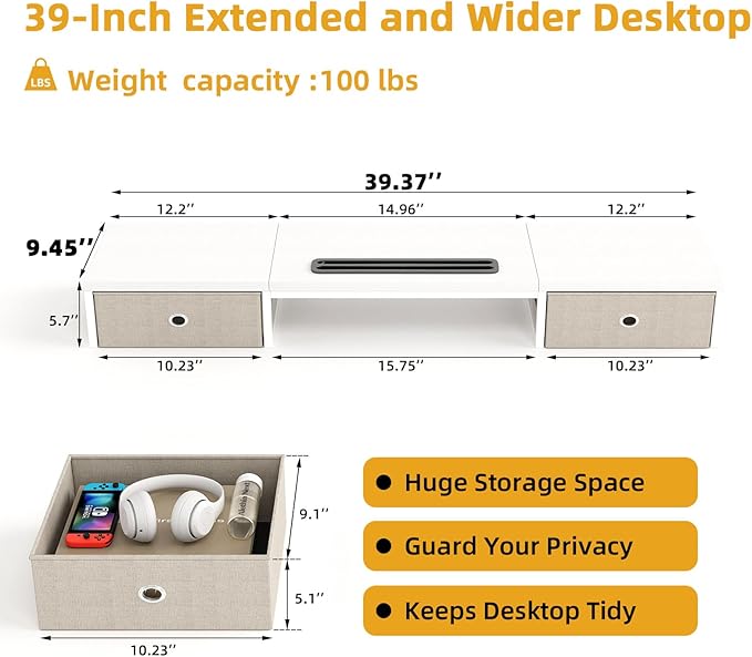 Mexin Dual Monitor Stand Riser with 2 Drawers - 39Inch Large Storage Computer Monitor Stands for 2 Monitors, Wooden Desktop Organizer Perfect for Home Office Desk, Computer, Laptop, TV, White