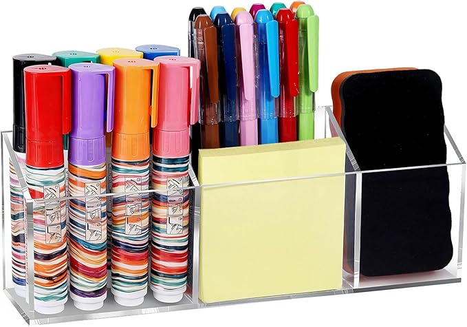 Ameceres Magnetic Pen Holder Classroom Organization Acrylic Marker Holder for Whiteboard Refrigerator Locker Accessories Pencil Dry Erase Marker Basket (3 Compartments * 1)