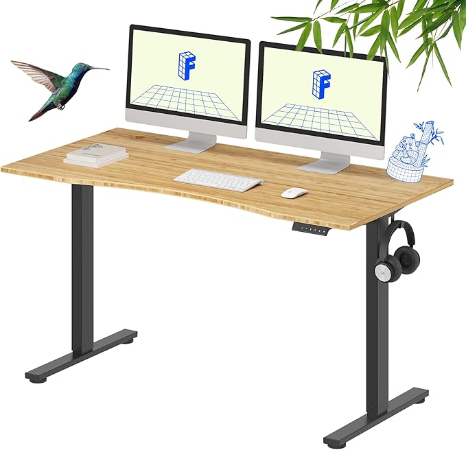 FLEXISPOT EN1 Bamboo Standing Desk, 55 x 28 Inches Whole-Piece Electric Height Adjustable Desk for Home Office (Black Frame + Bamboo Curved Desktop, 2 Packages)