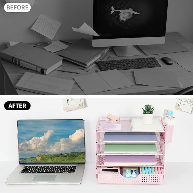Desk Organizer and Accessories, 5-Tier Paper Letter Tray Organizer with Drawer & 2 Pen Holders for Desktop File Organization, Office Desk Accessories for Supplies Storage (Pink)