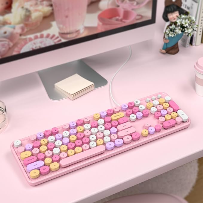 MOFII Wired Full Size USB Keyboard, Colorful Retro Round Typewriter Keyboard with Foldable Stands for Windows PC Laptop (Pale Pink)