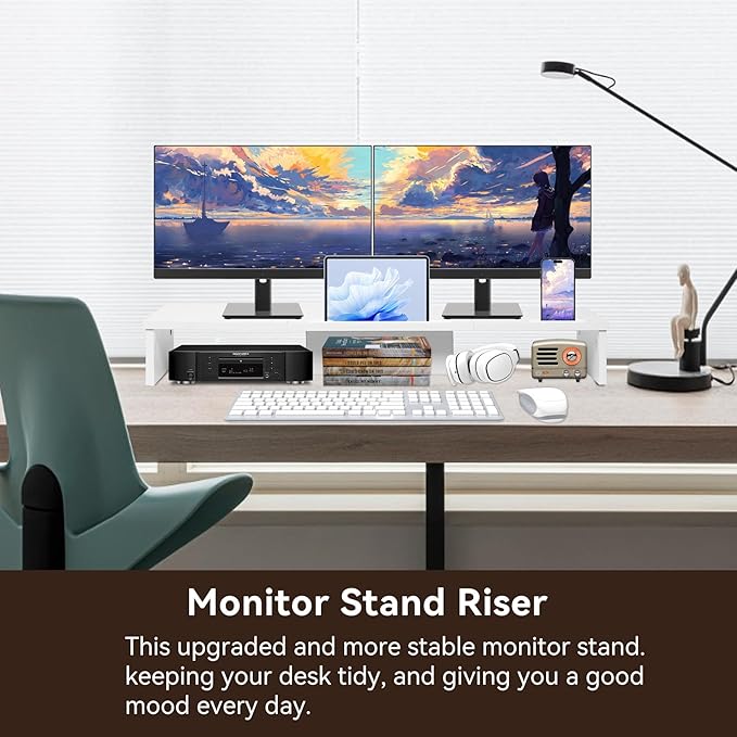 Dual Monitor Stand Riser with Phone Tablet Holder, 35.8in Large Monitor Stand for Desk, Computer Monitor Stand for 2 Monitors, Desk Shelf for Top of Desk, Desktop Organizer for Laptop, Printer, TV