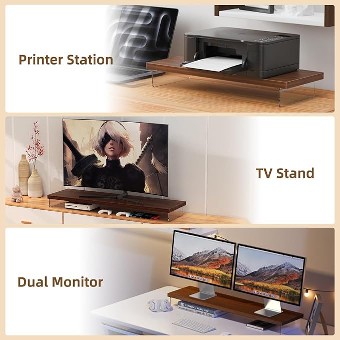 Dual Monitor Stand Riser, 40" Large Computer Monitor Stands for 2 Monitors, Wooden Desktop Organizer Shelf for Office Desk Computer, Laptop, TV, Monitor, Printer