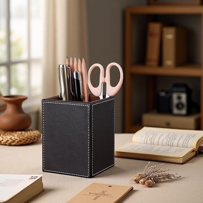 KINGFOM PU Leather Square Pens Pencils Holder Cup Desktop Stationery Organizer Case Office Accessories Container Box Brown