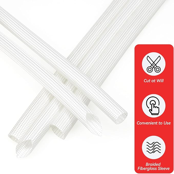 Braided Fiberglass Sleeve, 10ft High Temp Cable Sleeve, Flexible Cable Management Cable Protector for Car Wire Loom Protection (White, 3/4")