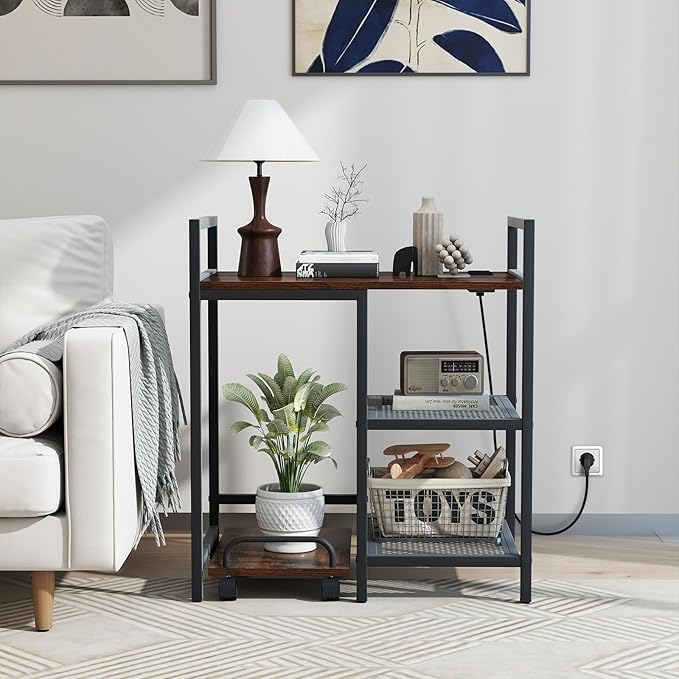 Giantex 3-Tier Printer Stand with Charging Station, 2 Open Storage Shelves, Side PC Stand on Wheels, 25" x 16" Mobile Printer Table for Computer Tower, Printer Shredder, Fax, Under Desk, Home Office