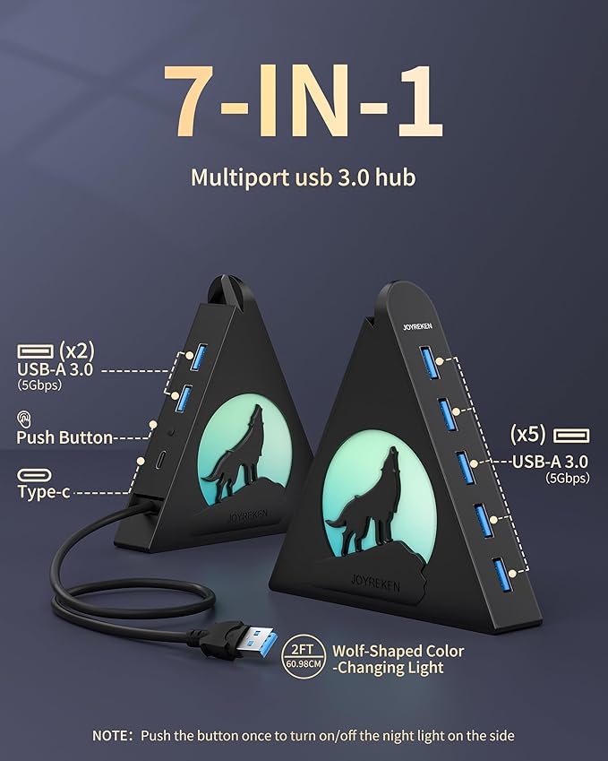 7-Port USB 3.0 Hub, Vertical USB Hub Splitter with RGB Lighting,5Gbps High-Speed Data Transfer and 2FT Extension Cable, Compatible with PC, MacBook, Laptop, PS5, Xbox, Flash Drive, Printer