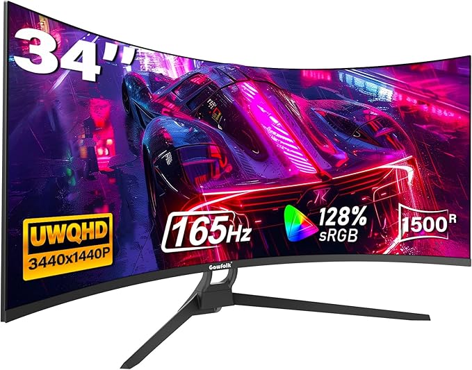 Gawfolk 34 Inch Ultrawide Curved Gaming Monitor, 1500R PC Screen 165hz UWQHD 4K, Curved Computer Screen with FreeSync, Support Wallmount 75x75mm-Black
