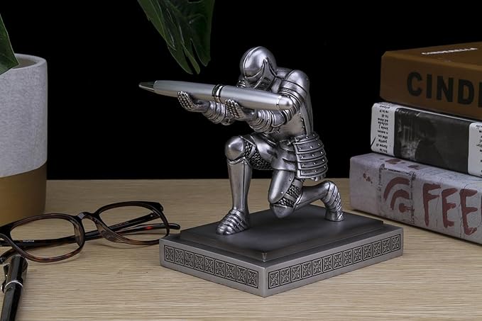 Knight Pen Holder Desk Organizers and Accessories Desk Decor Resin Pen Holder as Gift with a Cool Pen for Office and Home (Silver)