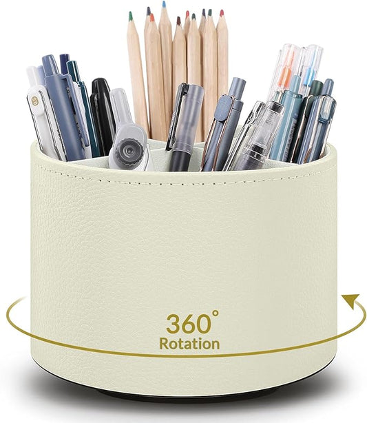 SKYDUE Rotating Pencil Pen Holder, PU Pen Organizer with 4 Slots - Desk Organizer and Accessories for School, Home, Office Supplies