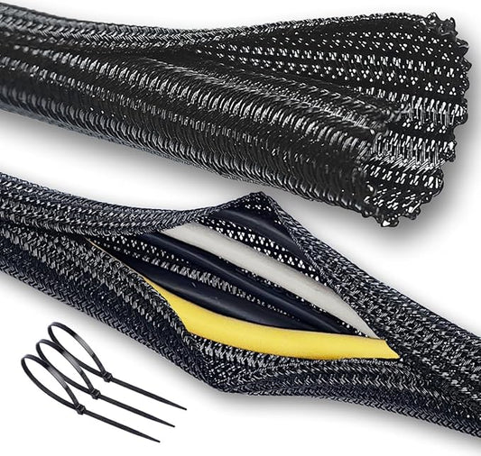 Cable Management Split Wire Loom Sleeve - Cord Hider & Protector for Desk, Pet Chew Proof, Wire Cover Organizer, Flexible Tube for Wires and Cables (1/2 Inch 25FT, Black)