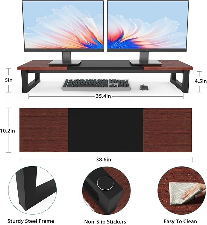 YAOHUOO Dual Monitor Stand Riser, 39Inch Large Monitor Stands for 2 Monitors, Computer Monitor Stand, Wooden Desktop Oraganizer Shelf for Office Desk Computer,Laptop,TV