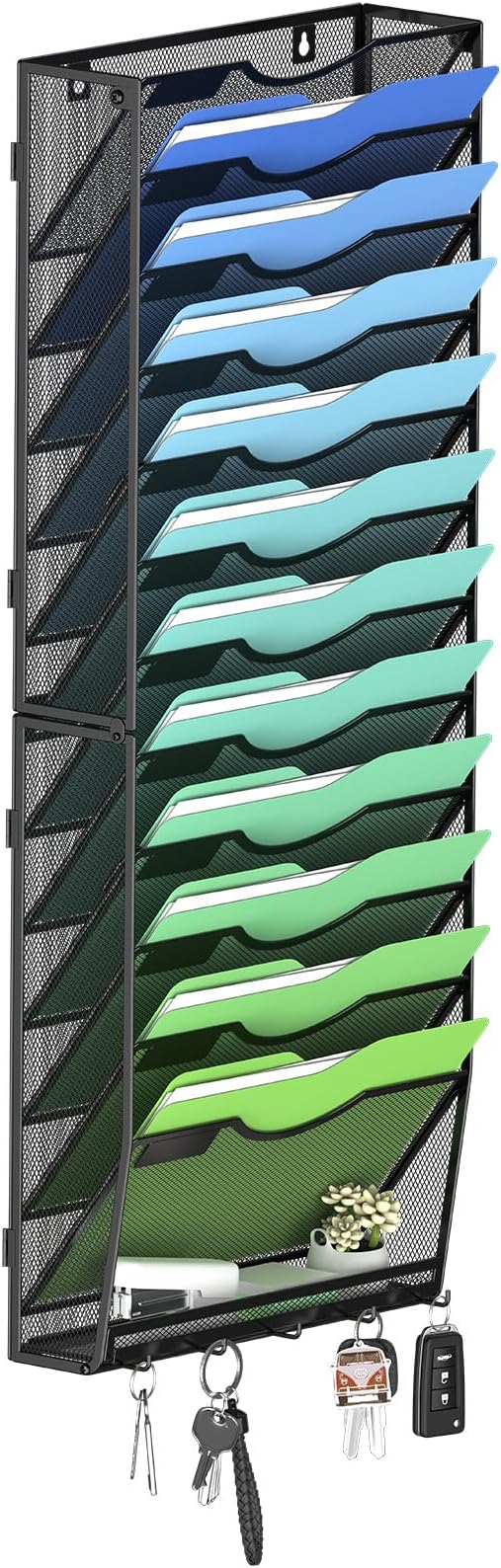 Kuntine.B Wall File Organizer Office Hanging Magazine Holder Wall File Organizer for Office Home (Black, 13 Tier & Key Holders)
