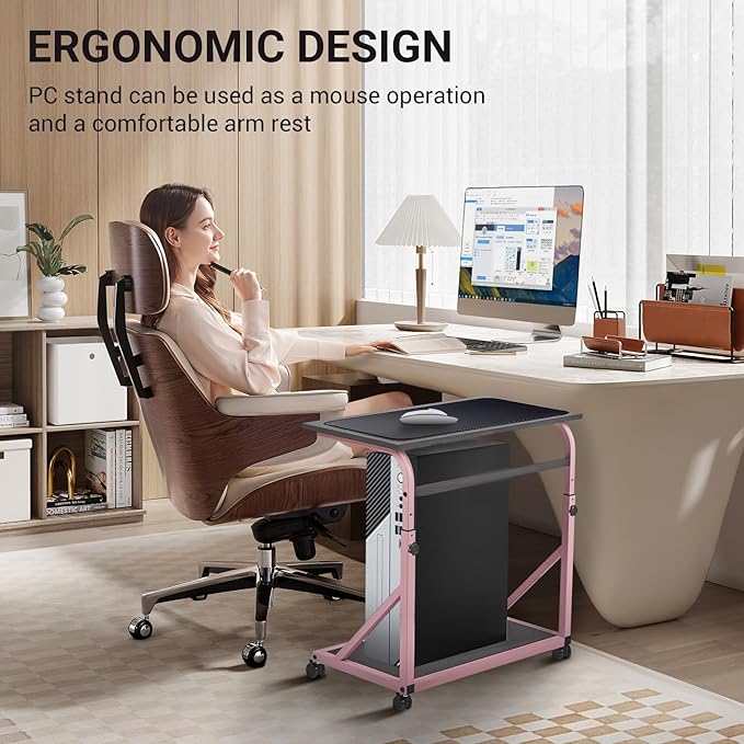 Computer Tower Stand, 2-Tier CPU Holder with Lockable Wheels, Adjustable Height PC Stand for Floor, Mobile PC Laptop Standing Table for Home Office (Black and Pink)