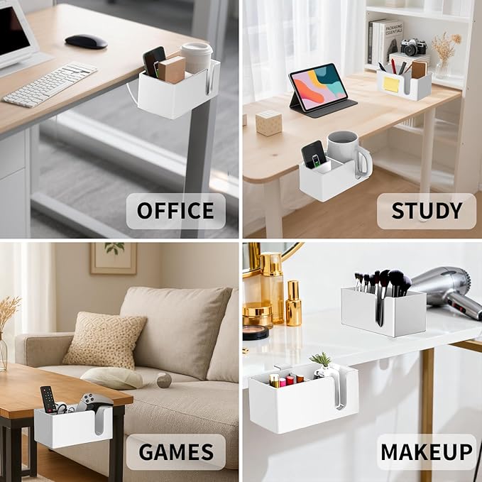 OOKUU 3-in-1 Desk Organizer - Large Desk Cup Holder Clamp, Pencil Holder and Phone Stand - Detachable Anti-Spill Table Cup Holder, Office & PC Gaming Desk Accessories for Cup, Phone and Pen (White)