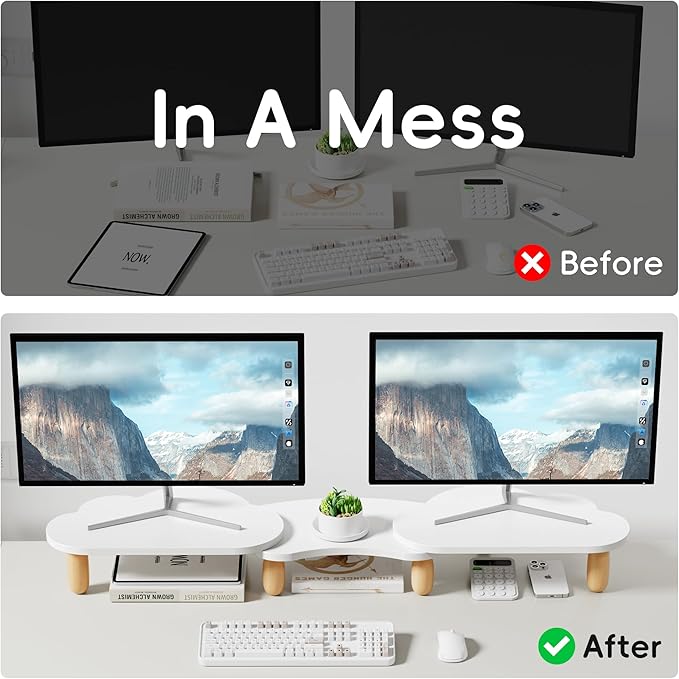 Dual Monitor Stand Riser,Rainbow Cloud Desktop Computer Stand for 2 Monitors,Adjustable Length and Angle Multifunctional Desktop Organizer Stand for Laptop, PC, Computer, Printer,White