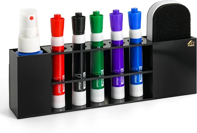 Slim Magnetic Dry Erase Marker Holder for Whiteboard, Space Saving Pen Organizer with Glass and Wall Mount Accessories for Fridge, Office, and School. Markers, Eraser, Cleaner Not Included (Black)